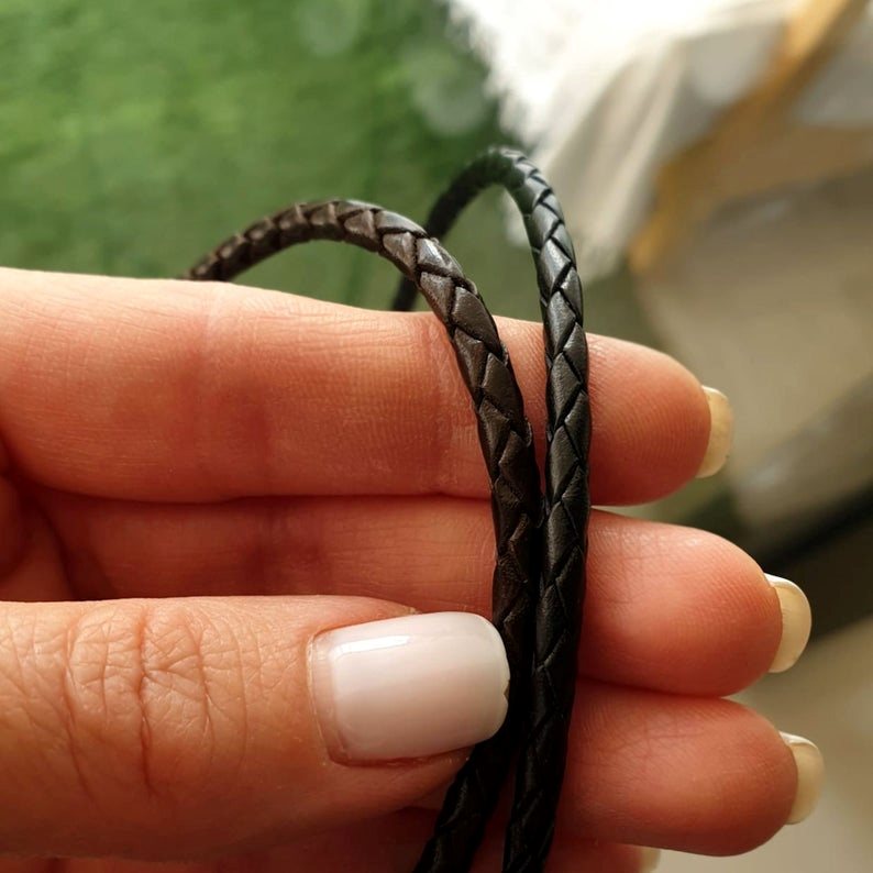 Black Braided Genuine Leather Necklace Cord -3mm - Mens Womens - Stainless Steel Lobster Clasp 16