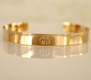 Circle Monogram Gold Cuff Bracelet, Custom Initials Engraved Bangle for her