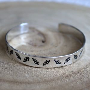 Hand-stamped silver bangle bracelet - leaf cuff bracelet