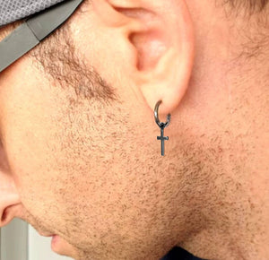 black silver cross earring mens cross earring
