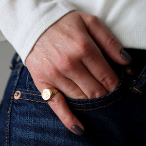 gold initial signet ring round surface ring