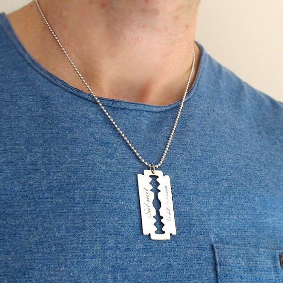 Brooklyn Razor Blade Engraved Pendant Necklace