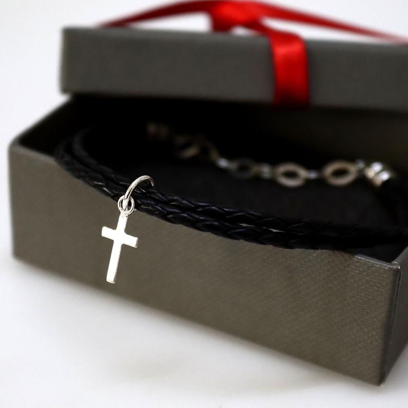 Cross Bracelet - Religious Gifts for Him - Black Leather Braided Band