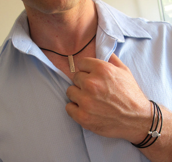 Men's Leather Bracelet and Silver Bar