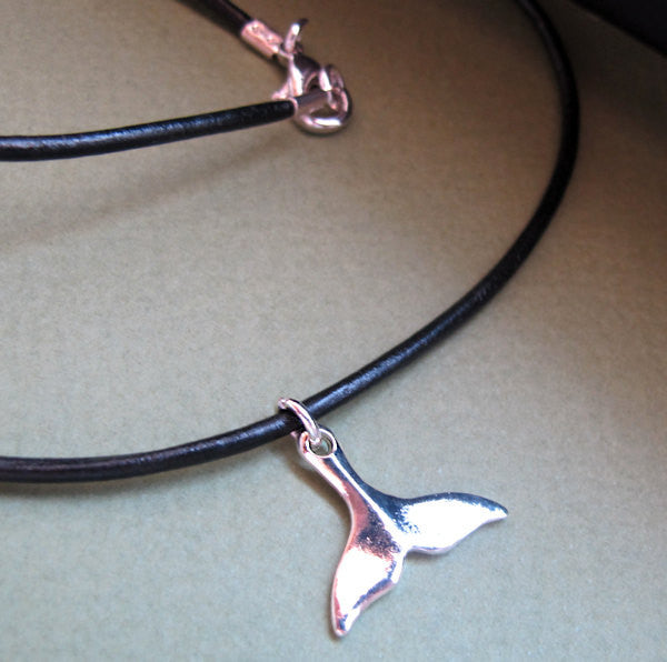 Men Necklace Men Choker Necklace Whale Tail Black Leather 