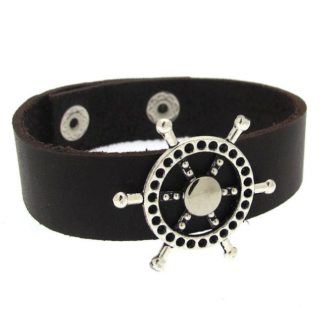 Ship Wheel Leather Bracelet for Men - Nautical Mens Bracelet Black